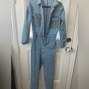 Light Blue Denim Women's Overalls with Beaded Pocket Detail